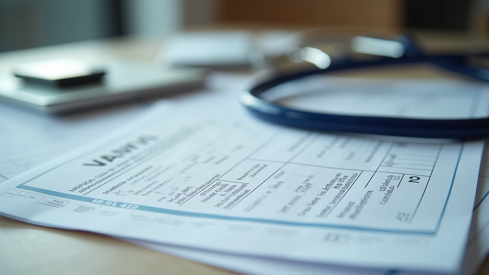 Close-up view of medical records and VA claim forms on a table