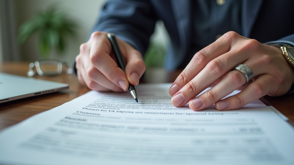 Close-up view of a veteran's hands filling out a VA claim form