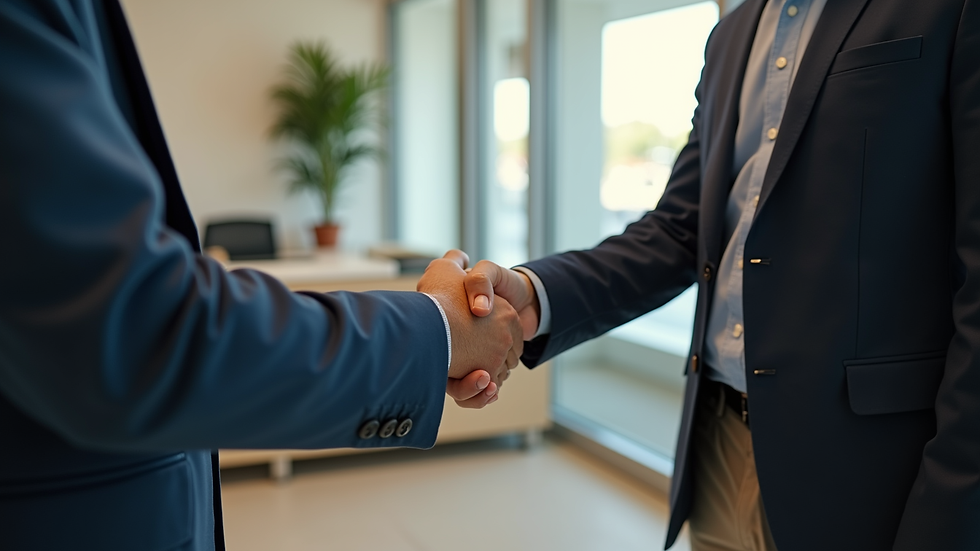 High angle view of a veteran shaking hands with a VA claims advocate in an office
