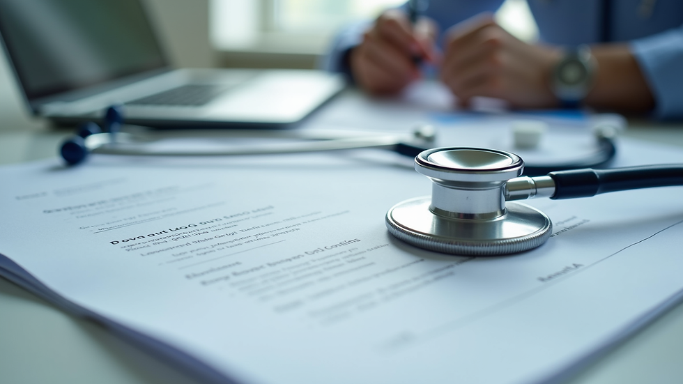 Close-up view of medical documents and a stethoscope on a table