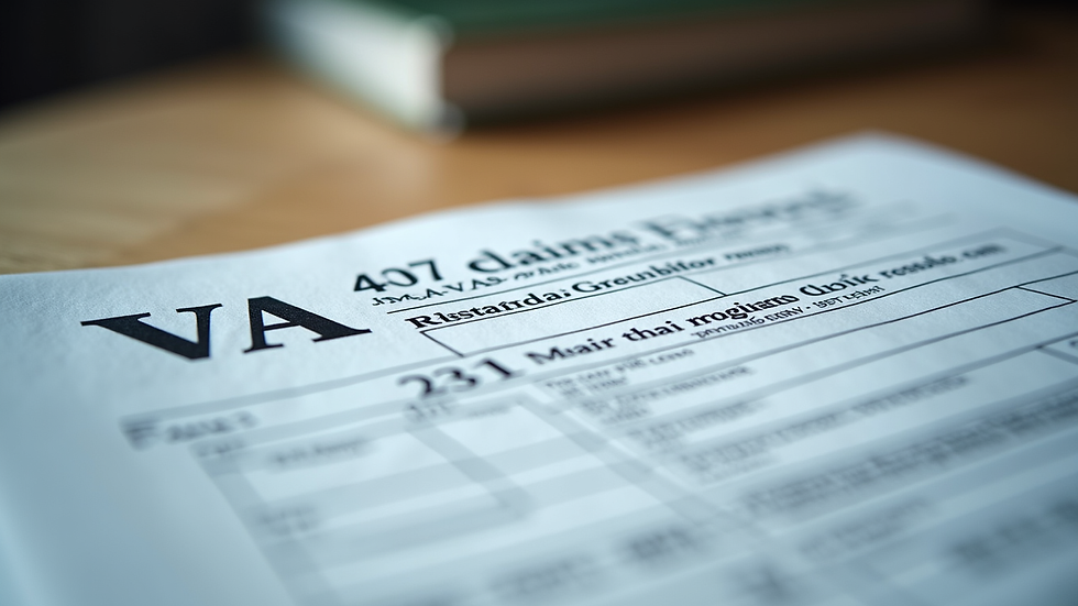 Close-up view of a veteran’s medical records and VA claim forms