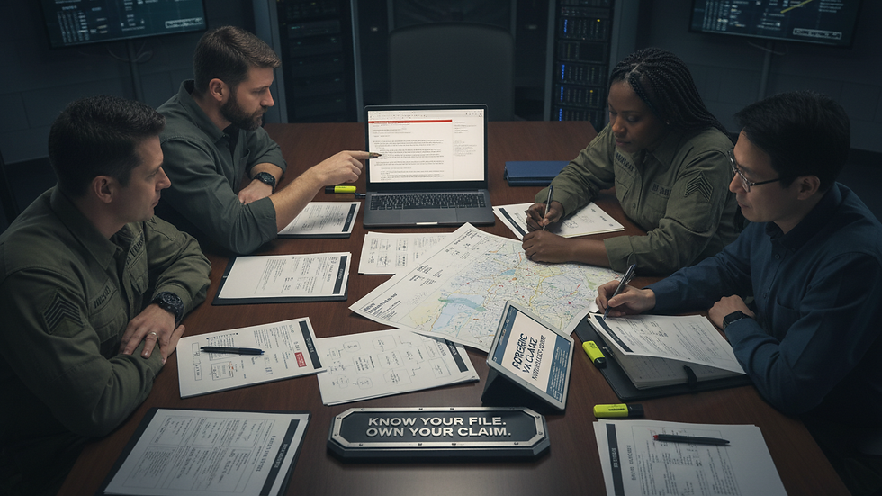 High angle view of a veteran reviewing documents with a laptop and notes
