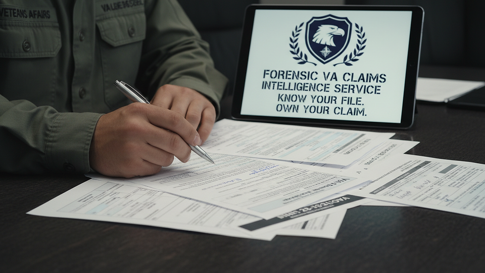 Close-up view of hands reviewing VA claim file documents with a pen