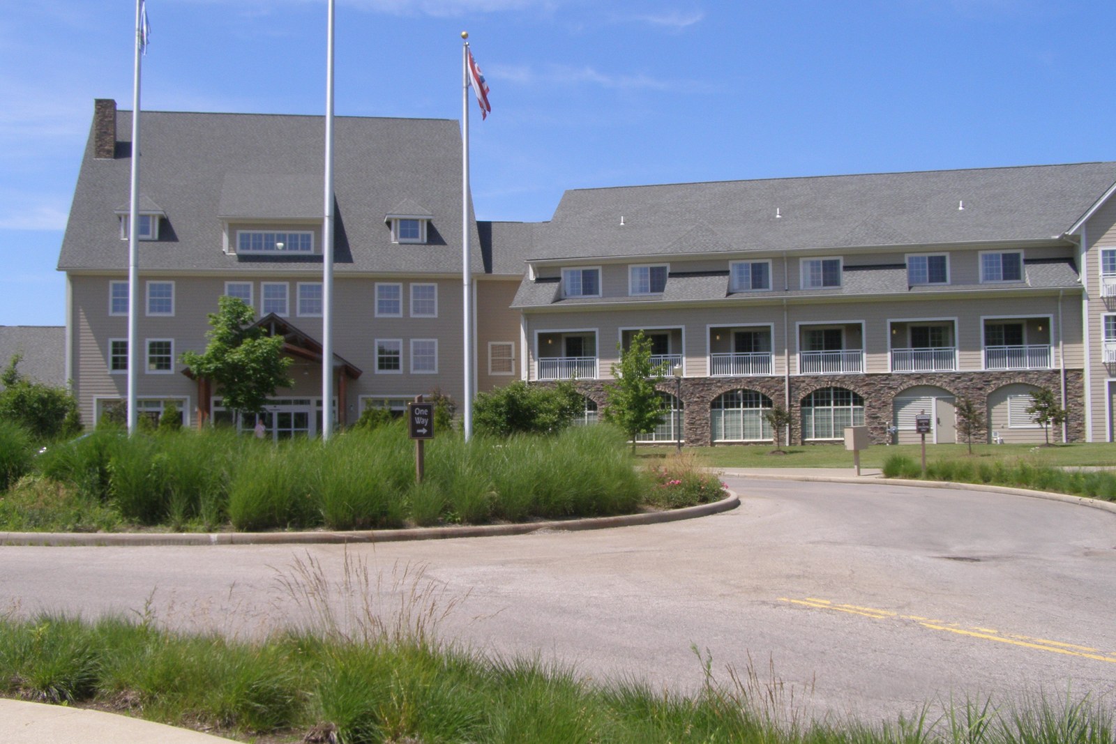 Lodge exterior with balconies, no faces