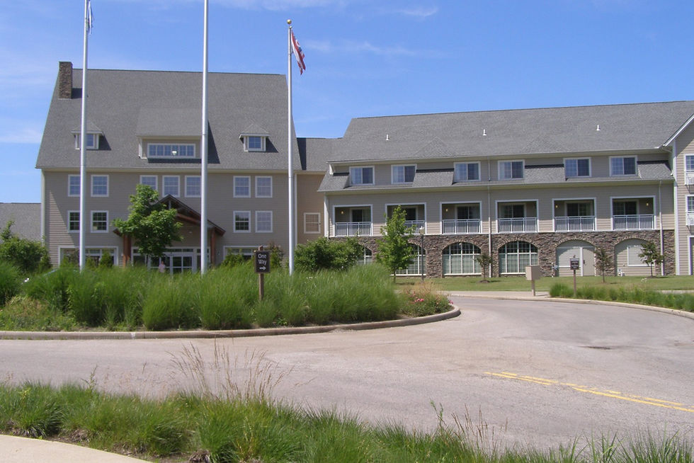 Lodge exterior with balconies, no faces