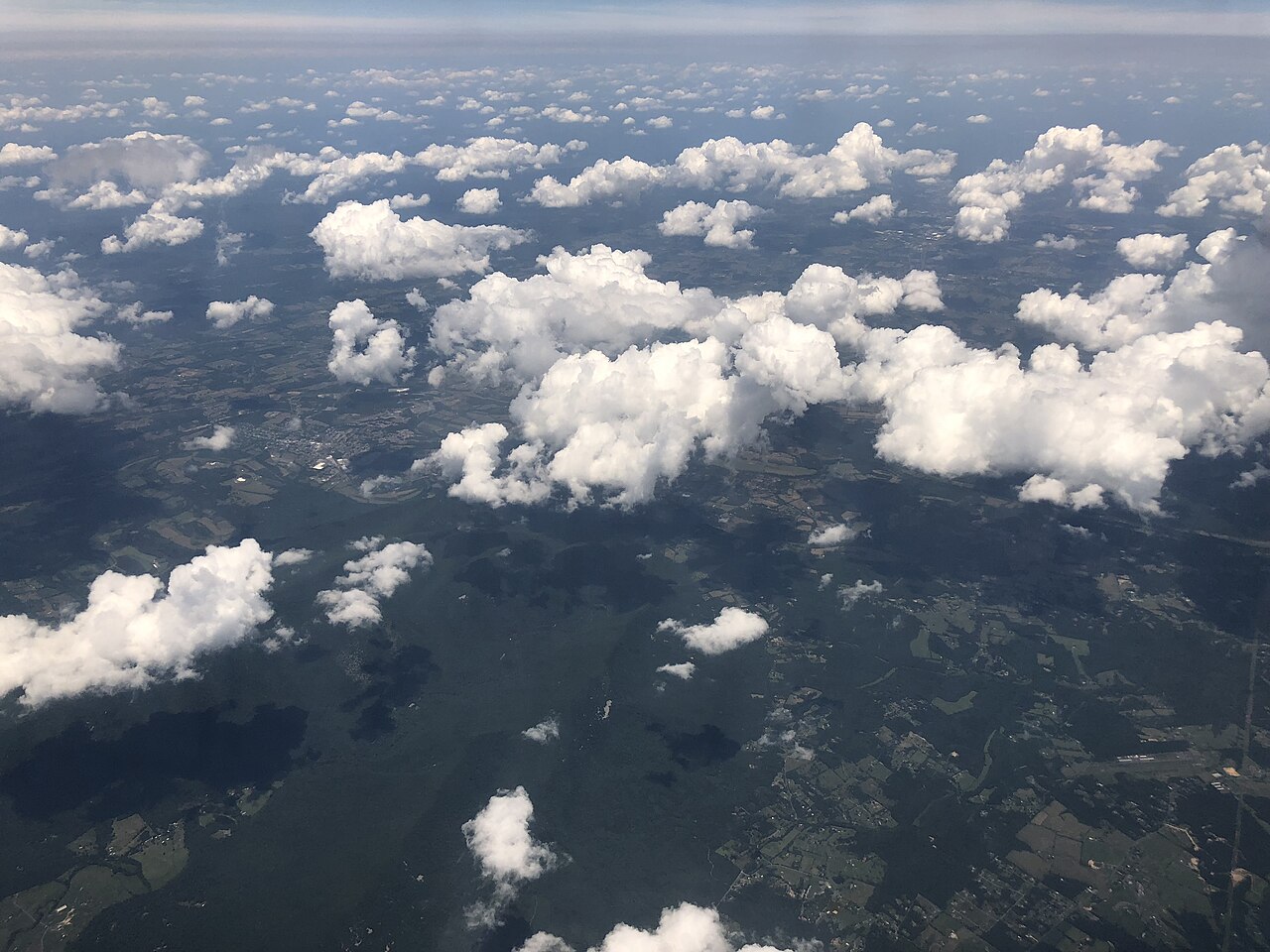 Aerial of the north end of Massanutten Mountain under summer clouds, Virginia.