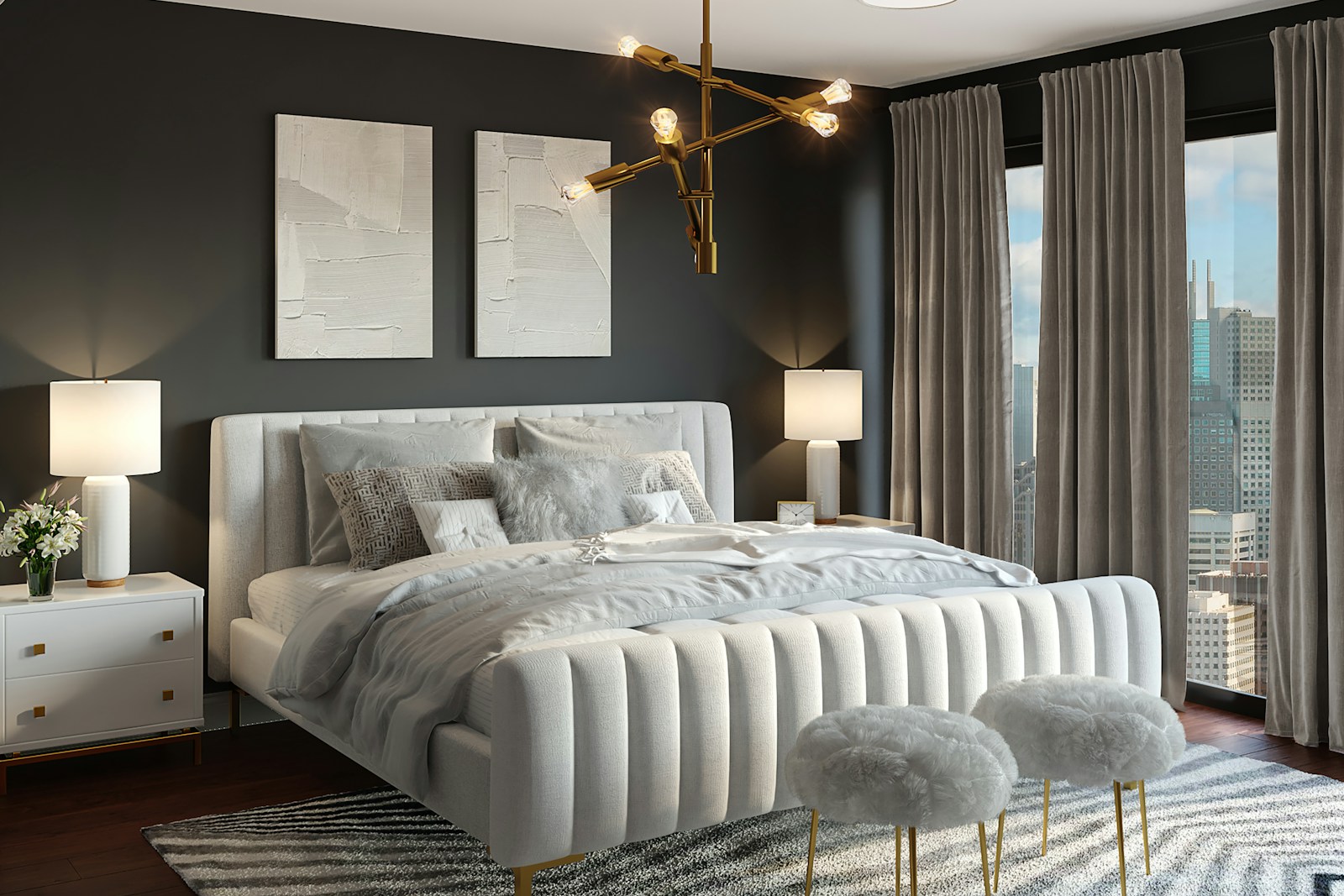 Gray bedroom with tufted bed and city view, no people