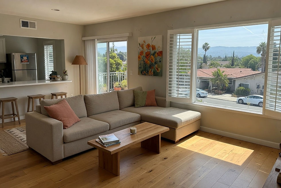 Empty San Jose vacation rental living room, lodging interior, no people