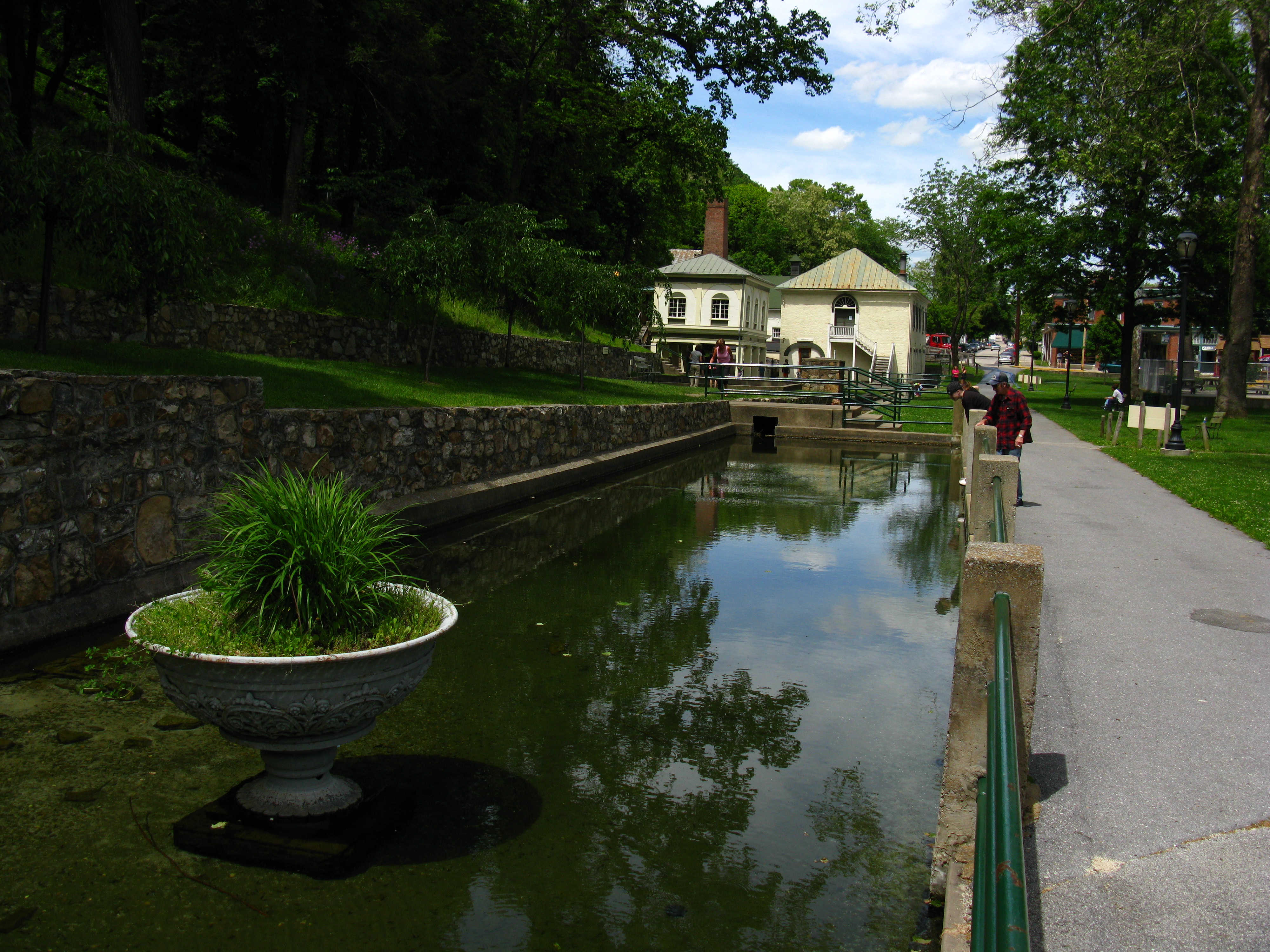 Mineral-spring park lawn and bathhouse row in Berkeley Springs