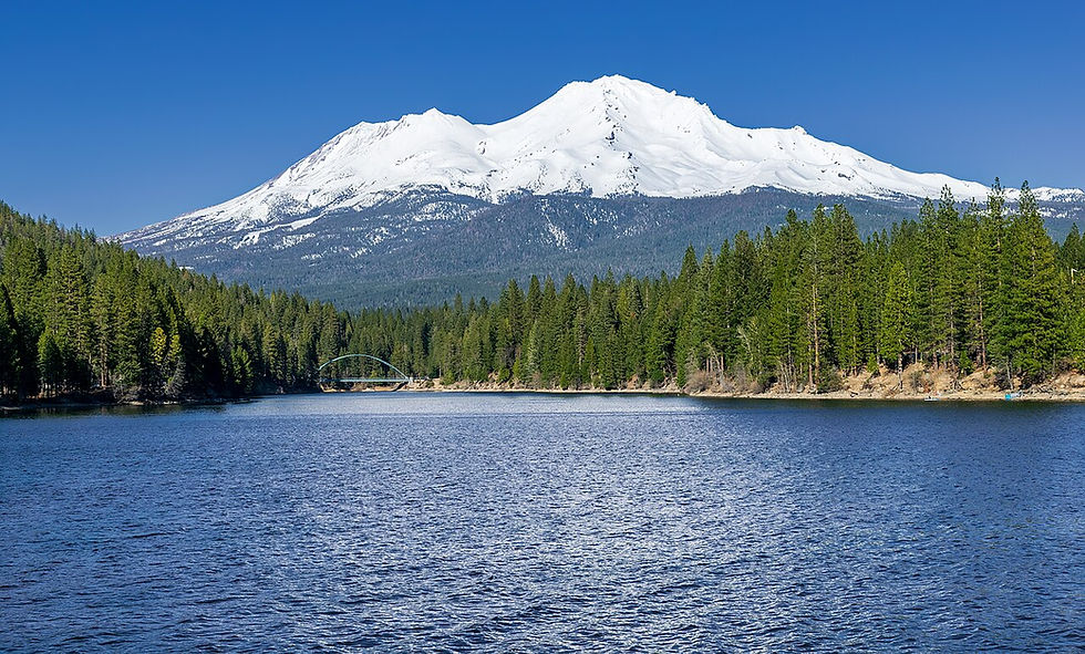 Mount Shasta and Lake Siskiyou with the Wagon Creek bridge, March 2024