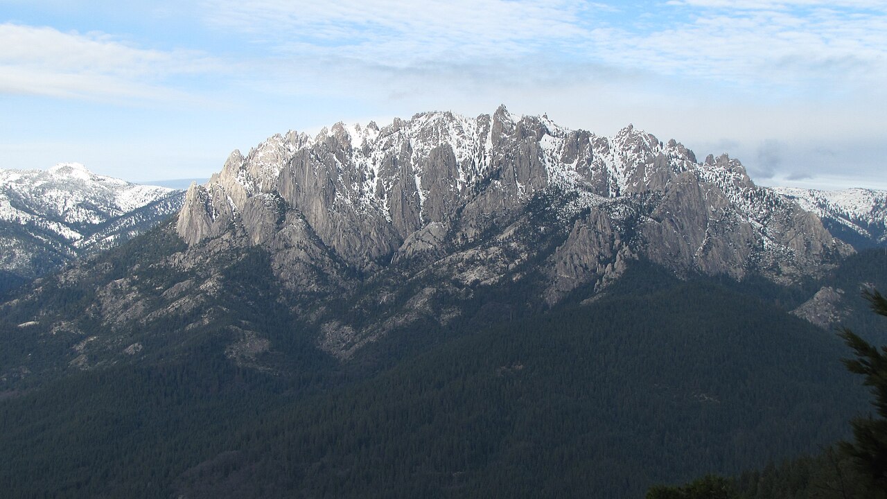 Castle Crags granite spires with light snow, Siskiyou County