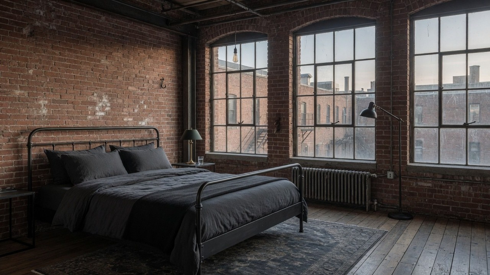 Charcoal bedroom in a brick mill loft