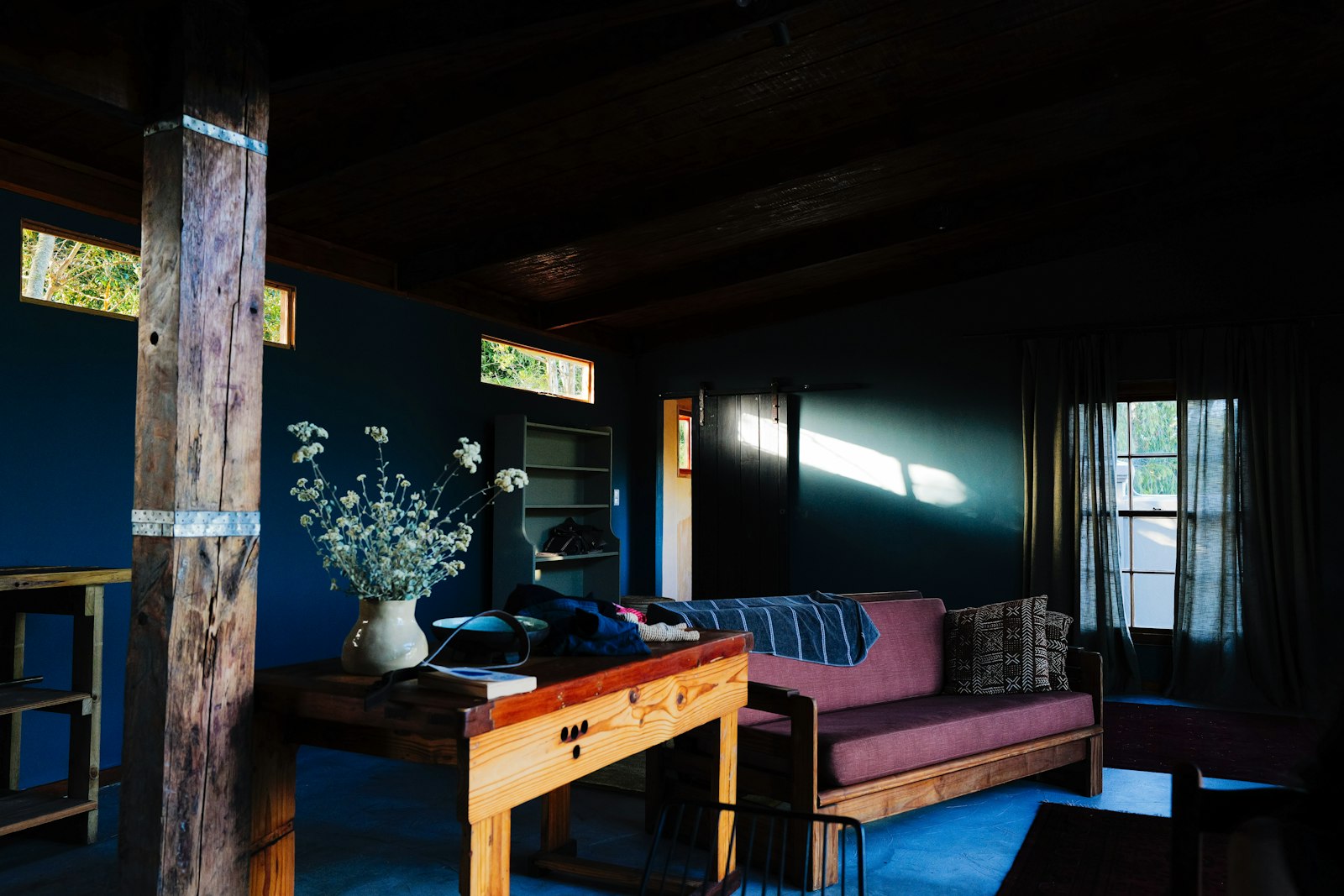 Dark cabin living room, no faces