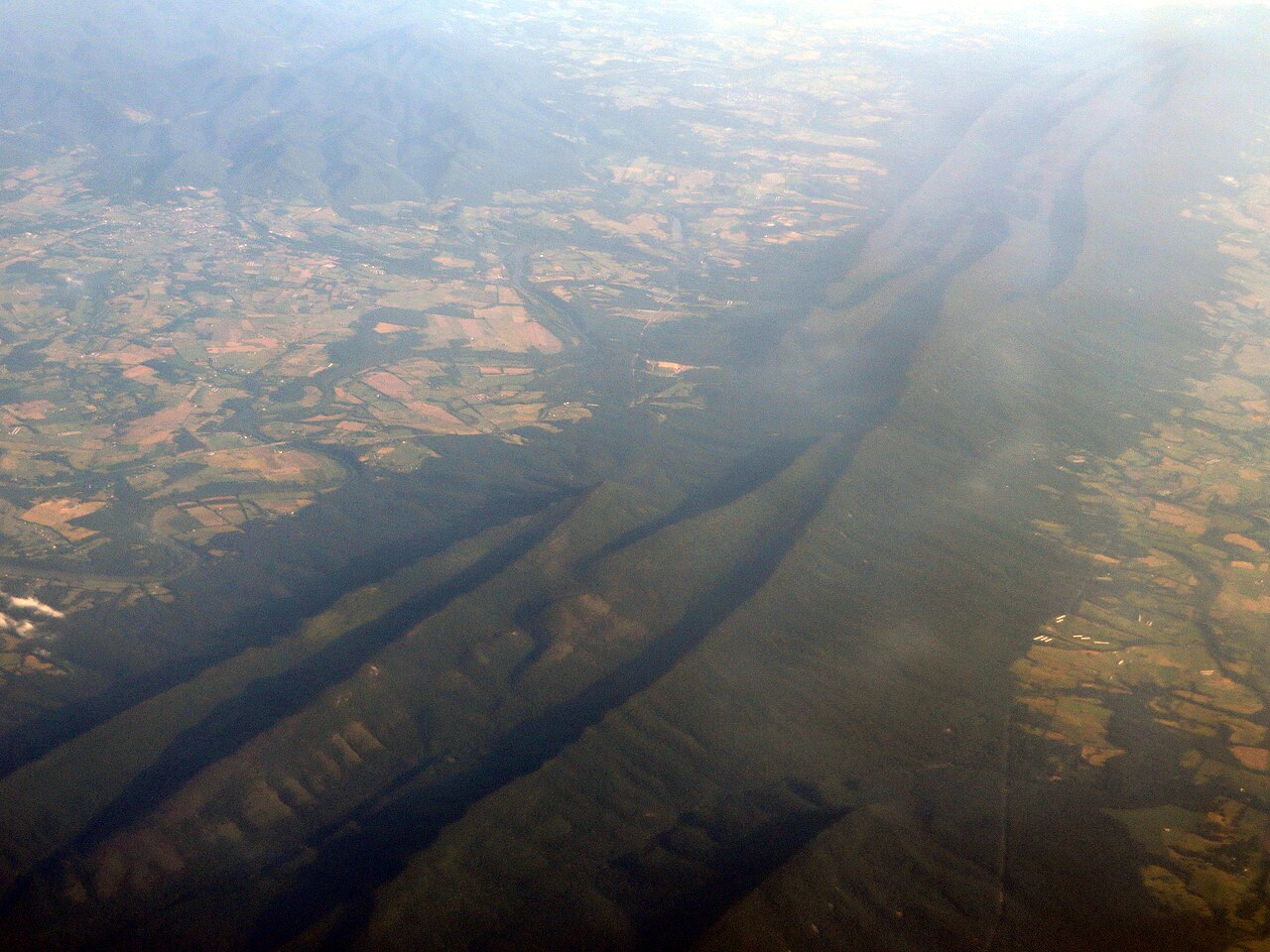 Aerial of Massanutten Mountain dividing the Shenandoah Valley, Virginia.