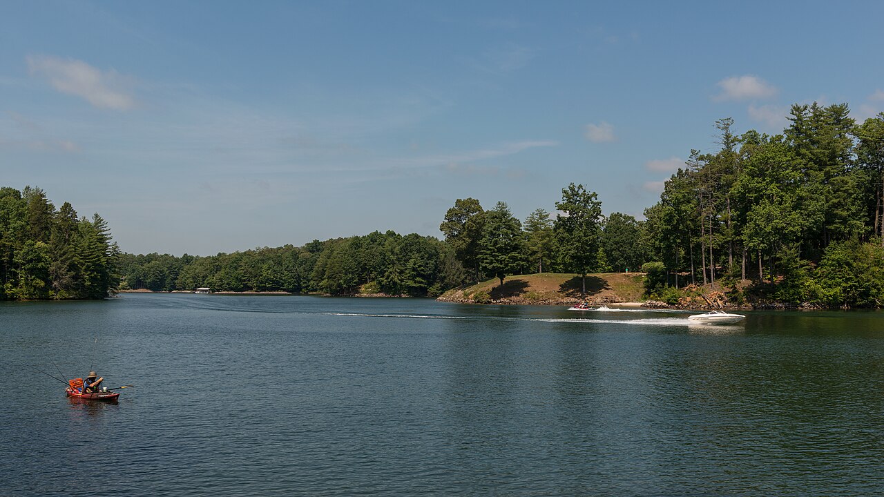 Lake Keowee in Pickens County, South Carolina, with pine shoreline and open water.