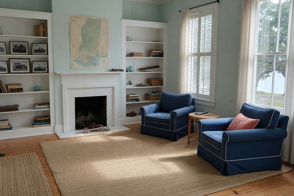 Empty sitting room interior with fireplace and blue armchairs, no people