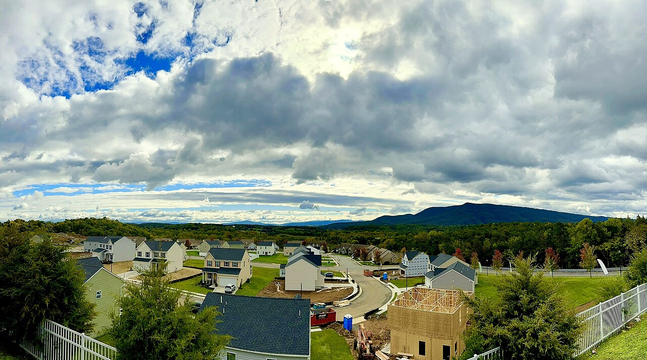Signal Knob and valley houses at the north end of Massanutten Mountain, Virginia.