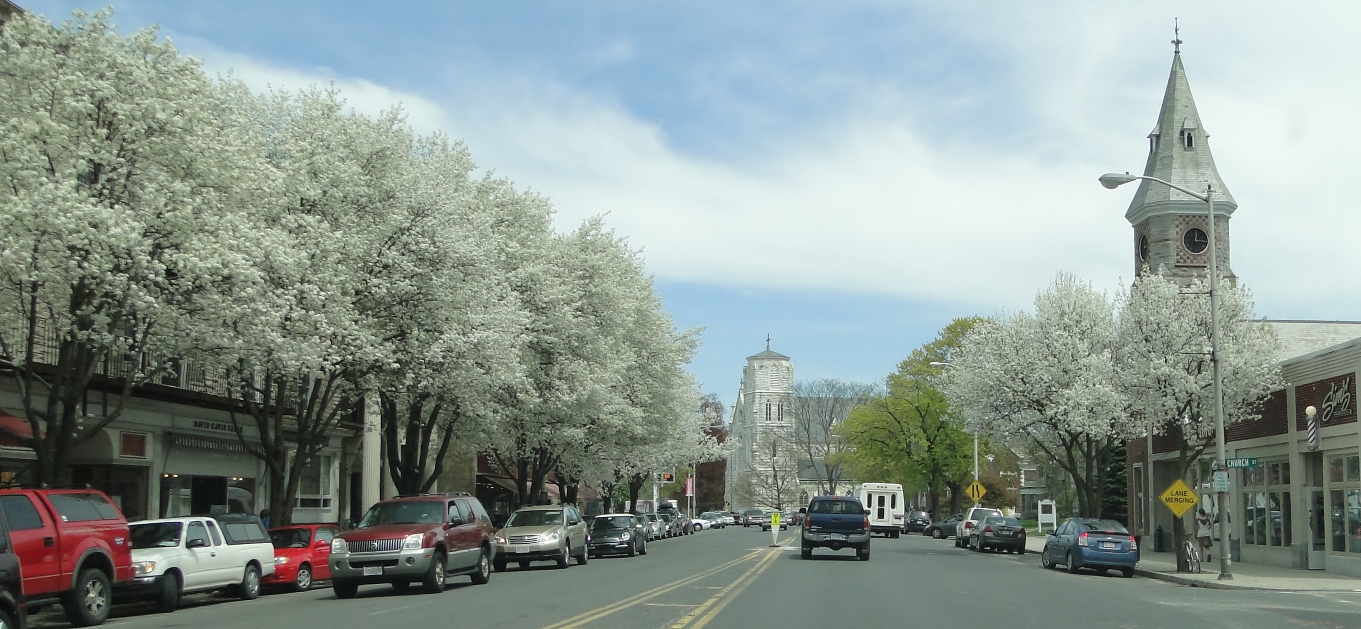Main Street in Great Barrington, Massachusetts, in spring. Wikimedia Commons, location in title.