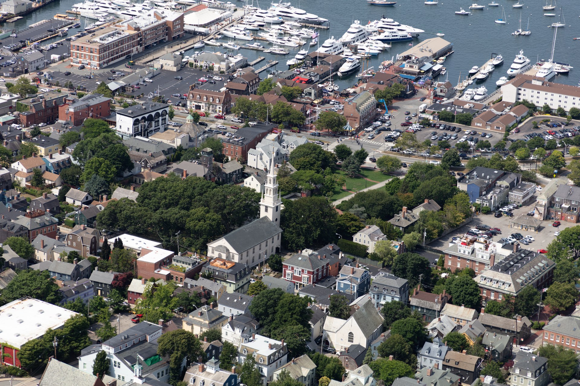 Aerial view of downtown Newport and the harbor