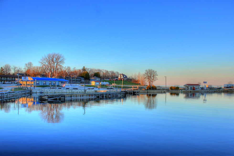 Sunrise Cove Marina and Algoma harbor at dusk, Algoma, Wisconsin