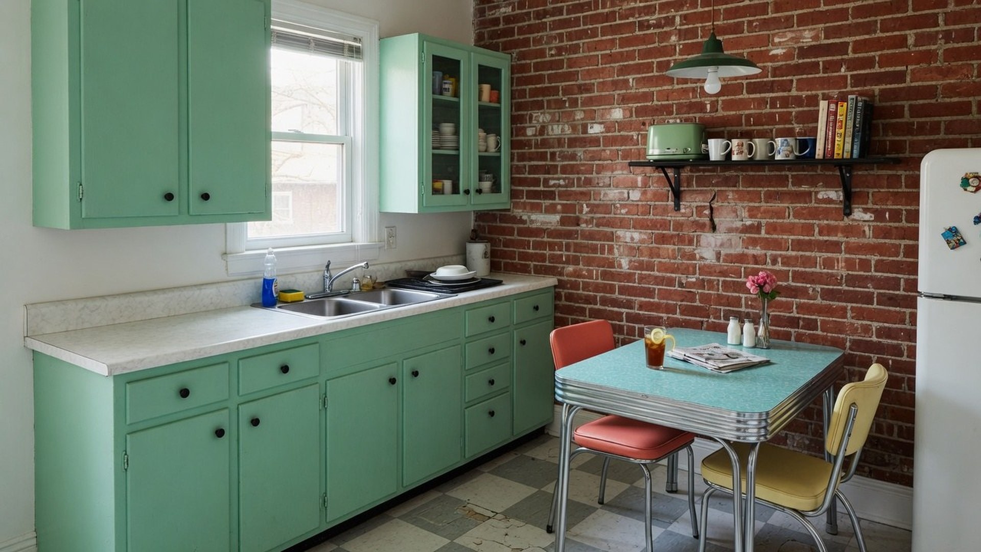 Mint diner kitchen in a brick apartment