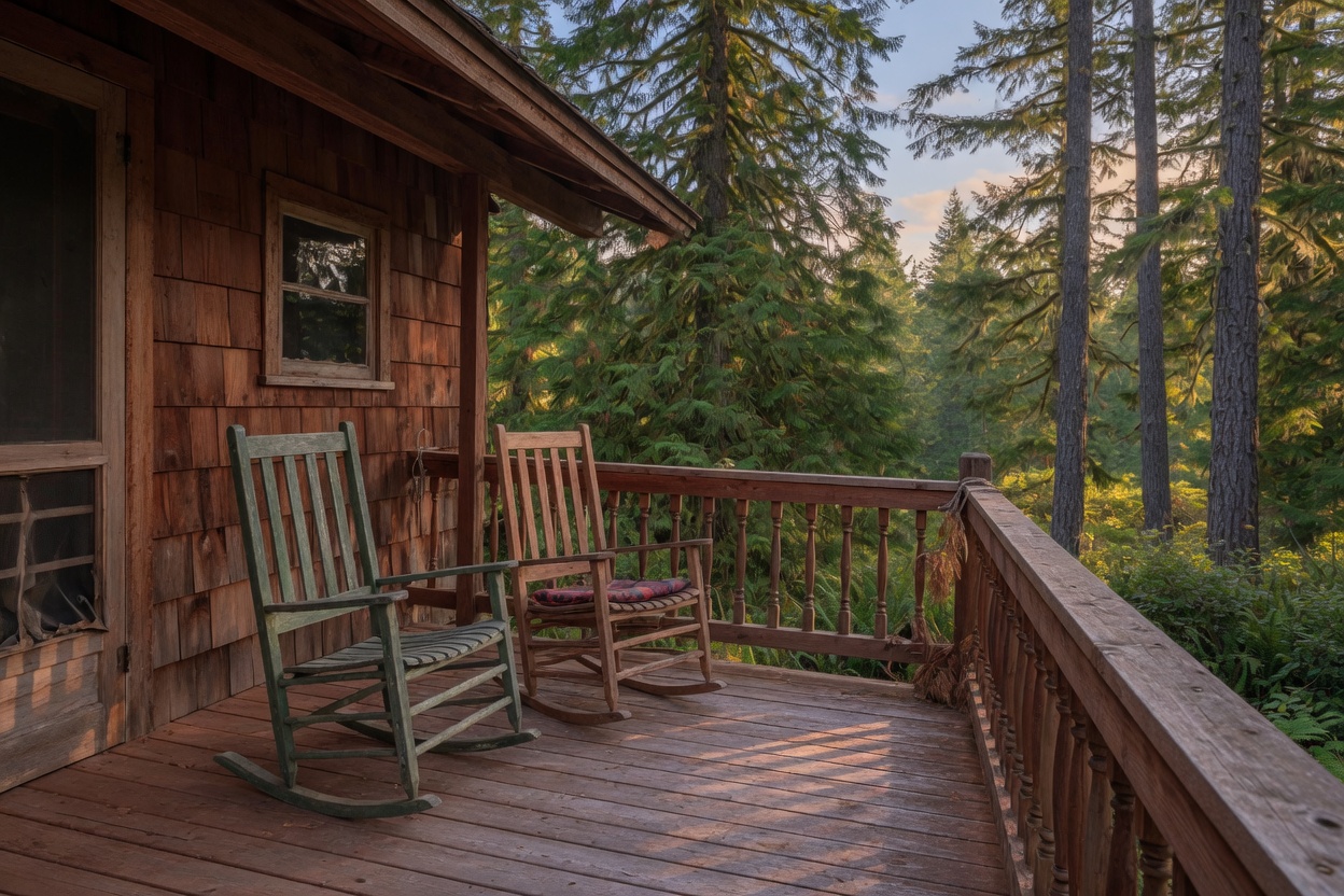 Cabin stay exterior, no faces