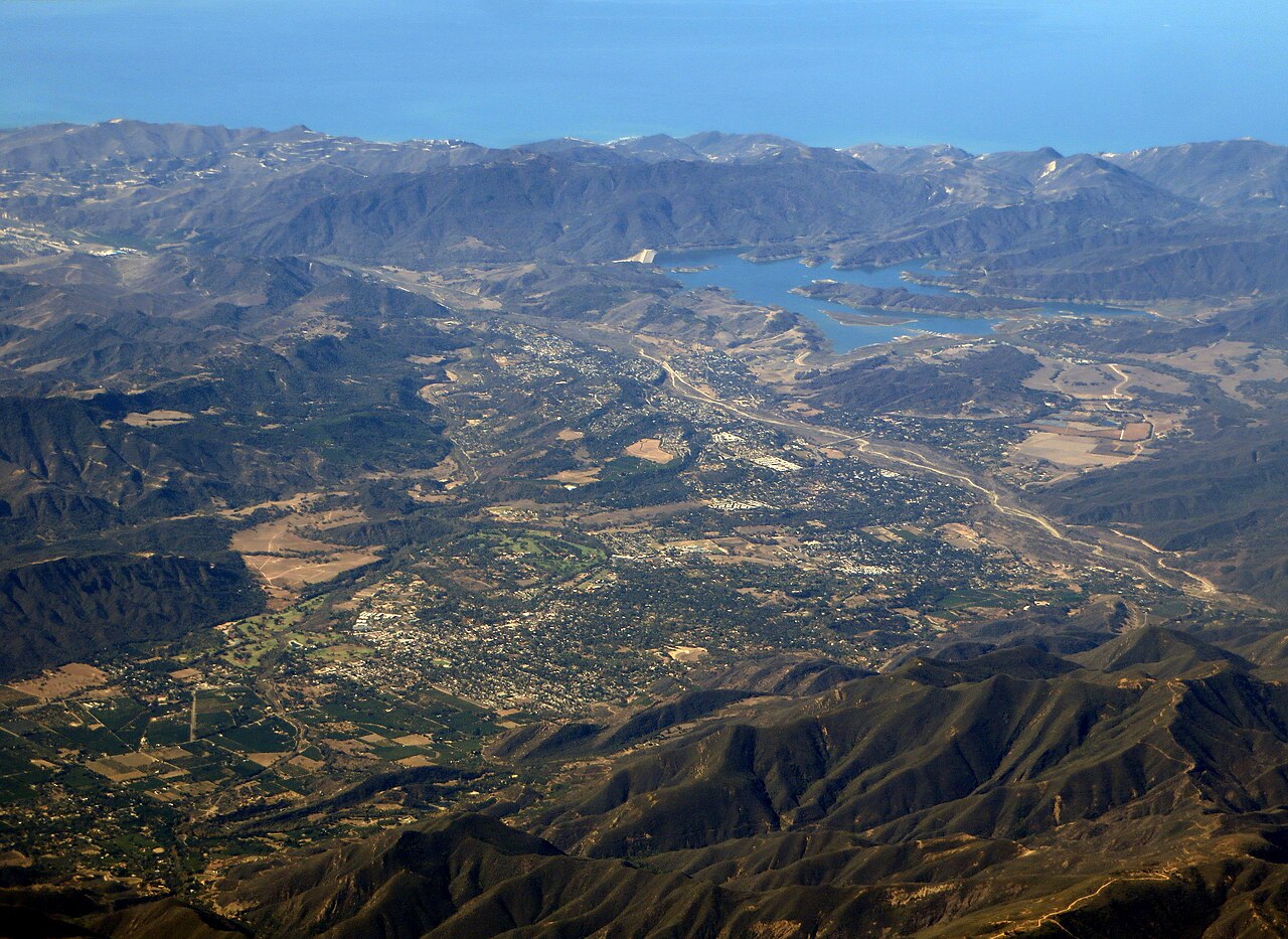 Aerial view of Ojai and Lake Casitas in the Ventura County mountains.