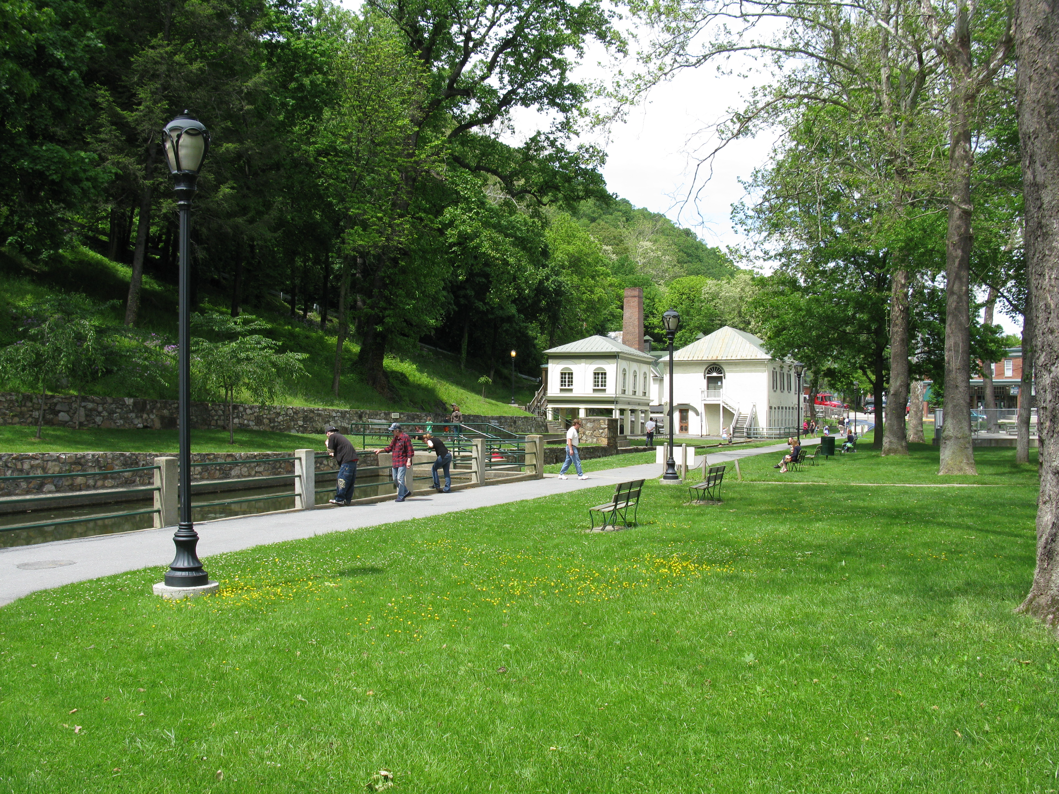 Berkeley Springs State Park lawn and brick bath buildings in the Town of Bath