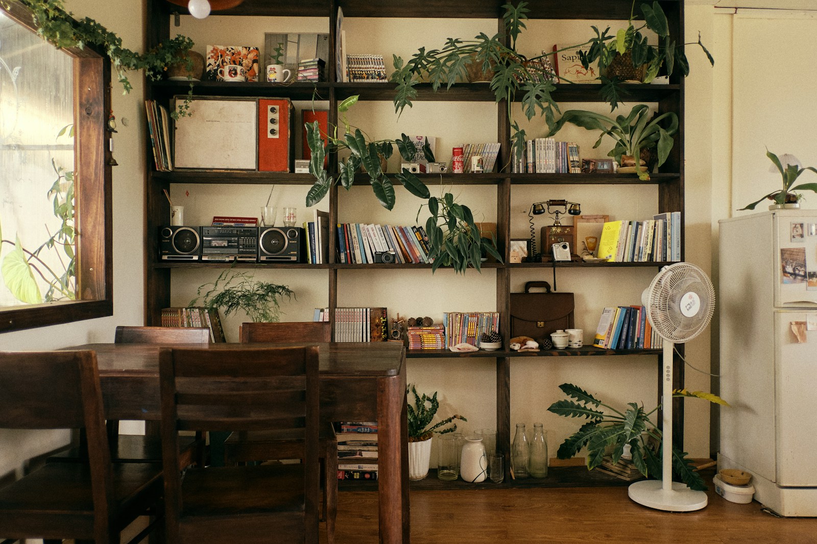 Stay dining room and bookshelf, no faces