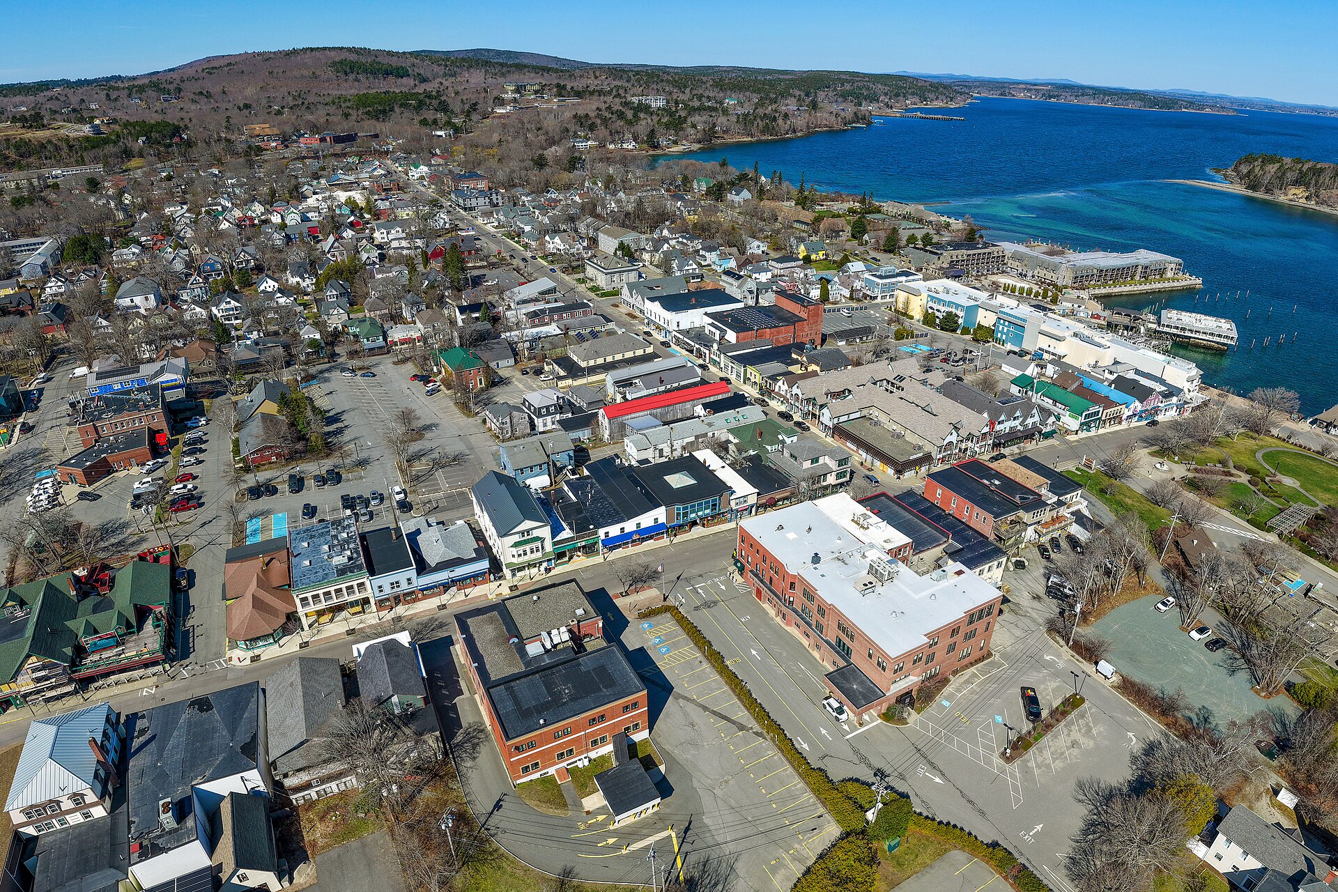 Aerial view of Bar Harbor village and Frenchman Bay