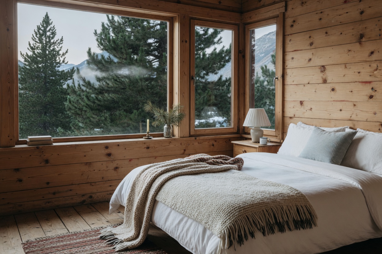 Cabin stay bedroom interior, no faces