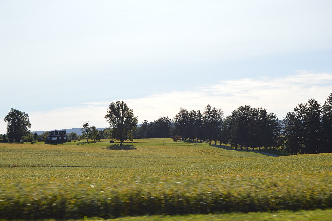 Open farmland and a distant house at Jacks-Manning Farm in Jefferson County, West Virginia.
