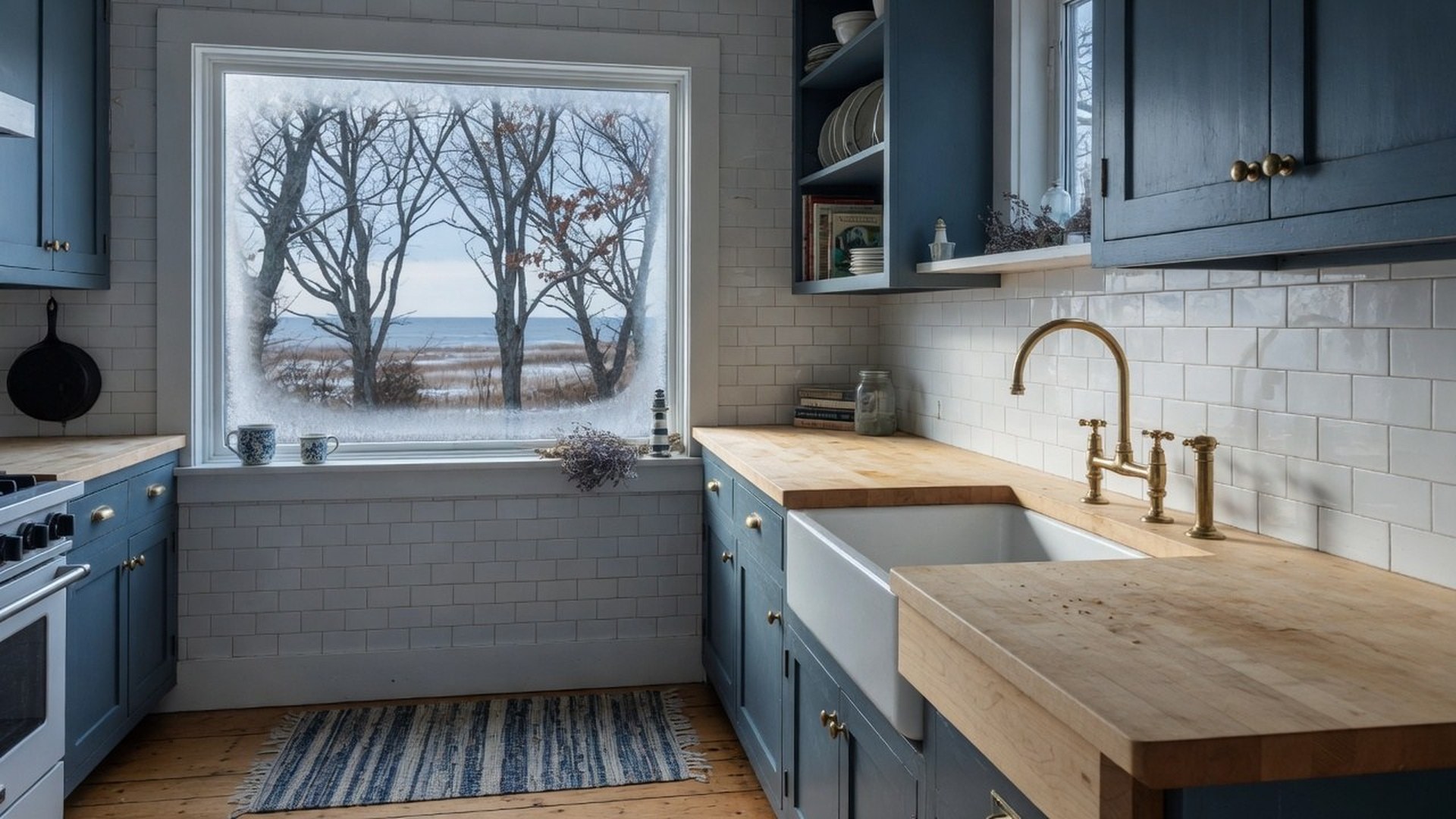 Slate-blue kitchen with a butcher-block counter