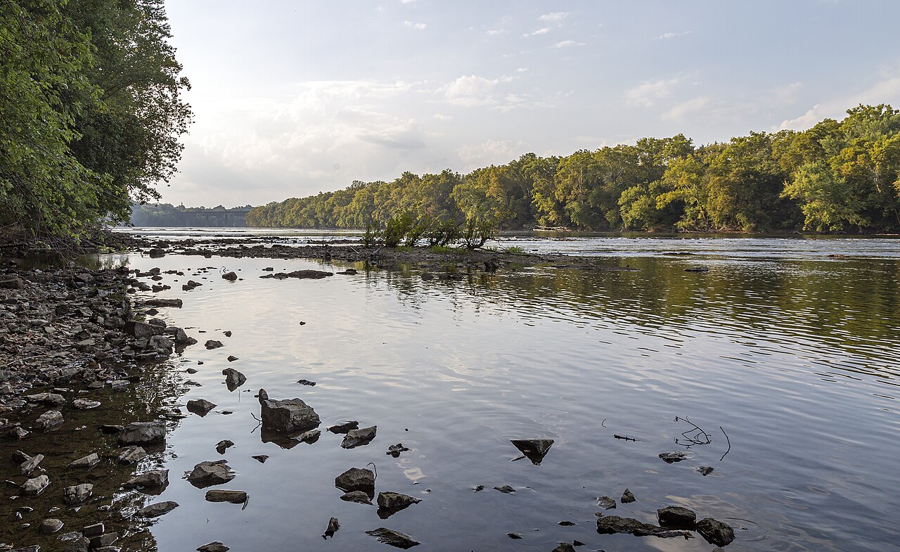 Rocky shoreline and still water at Pack Horse Ford on the Potomac in Jefferson County, West Virginia.
