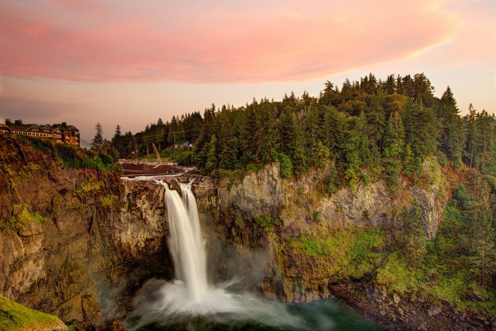 Snoqualmie Falls and Salish Lodge at sunset