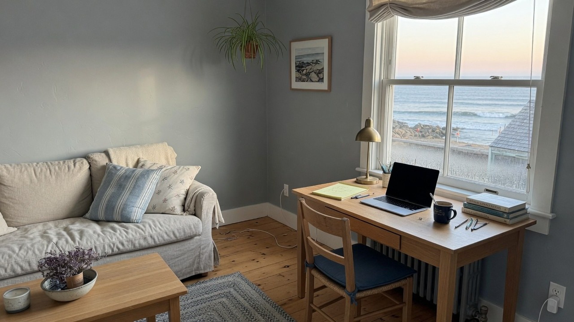 Stay living-room interior with desk, no faces