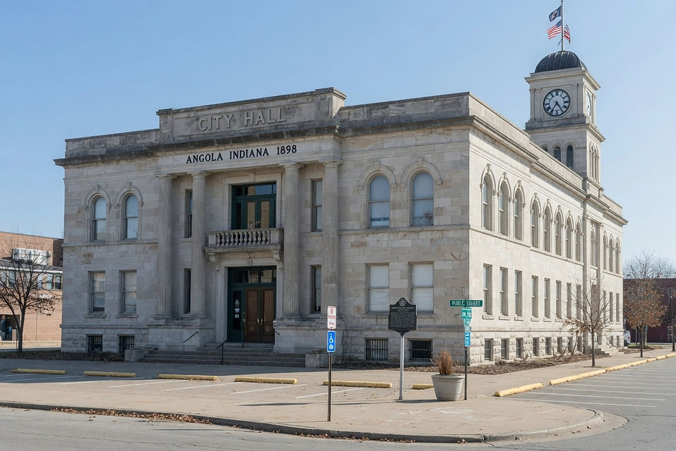 Empty Angola Indiana City Hall Public Square exterior, no people