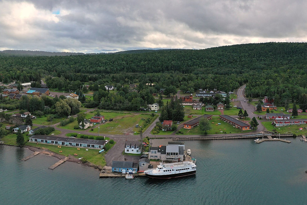 Aerial panorama of Copper Harbor marina and Lake Superior, Copper Harbor, Michigan