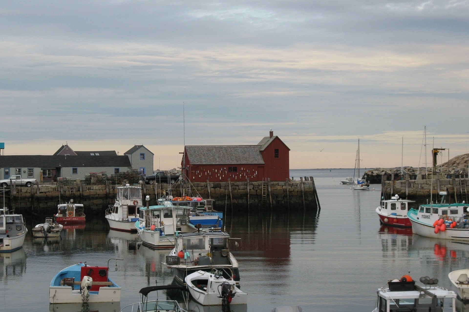 Motif No. 1 and working boats, Rockport Harbor, Massachusetts