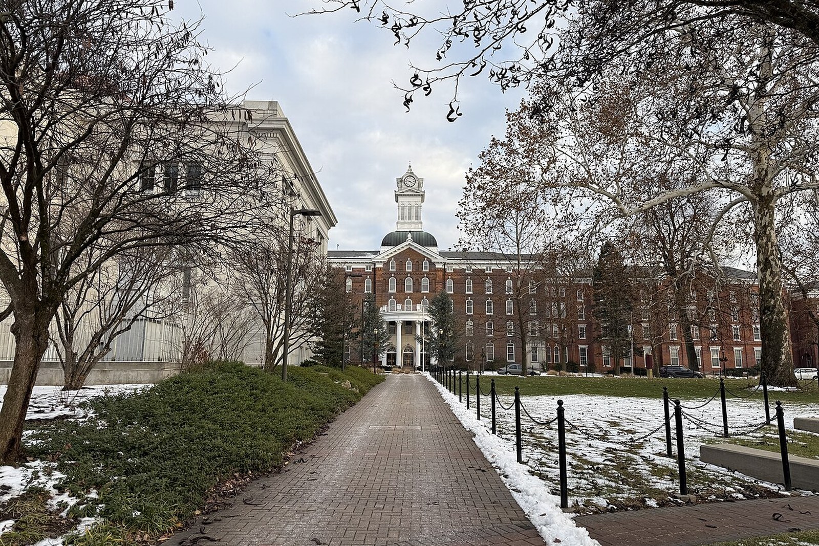 Kutztown University Old Main in light snow