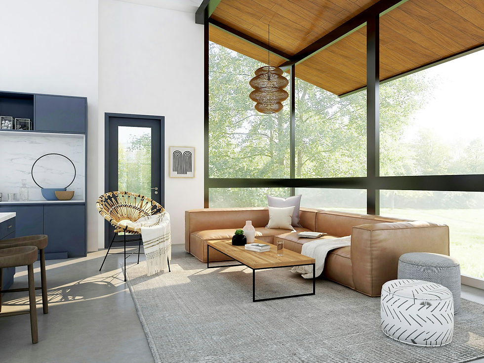 Bright modern living room with sofa and large windows, the kind of STR storefront SEO must accurately represent.