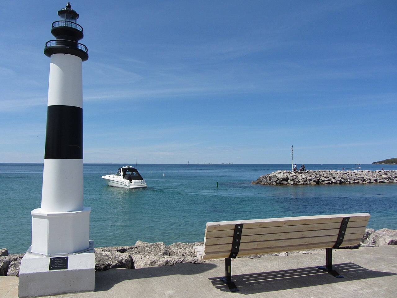 Sister Bay harbor boats and shoreline in Door County