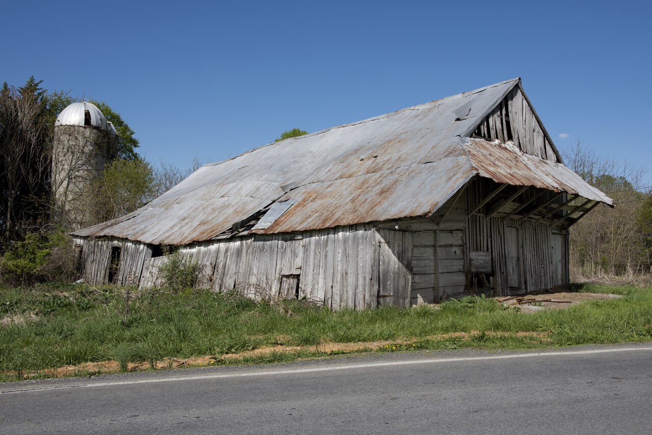 A weathered barn and silo along a Jefferson County, West Virginia road.