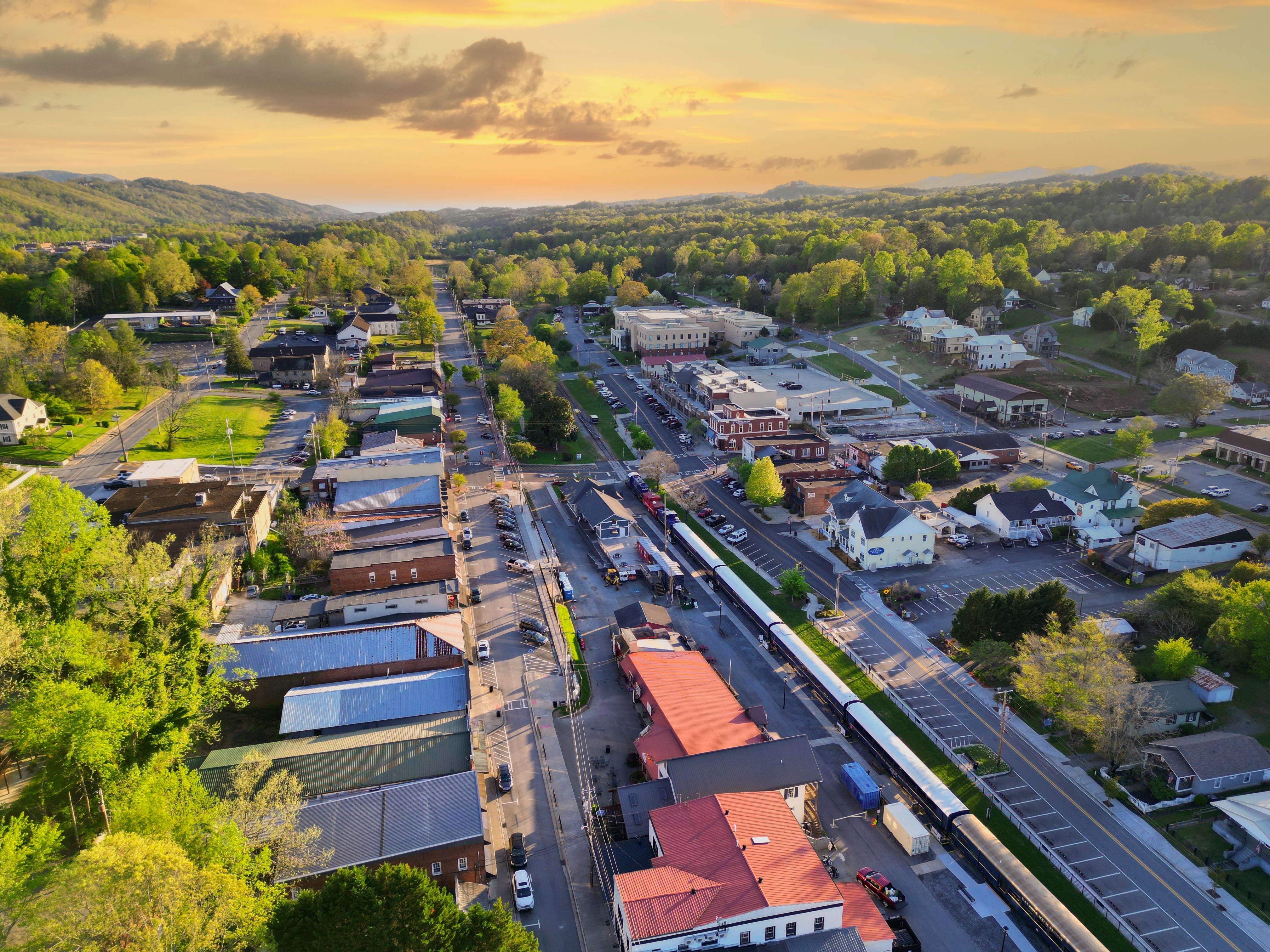 Downtown Blue Ridge, Georgia on a late-day approach from GA-515
