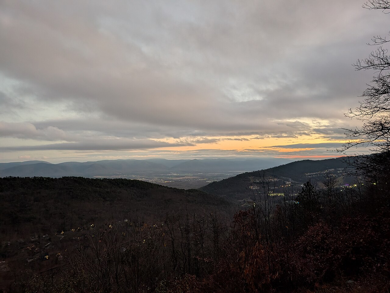 Evening view from Massanutten over the valley toward McGaheysville, Virginia.