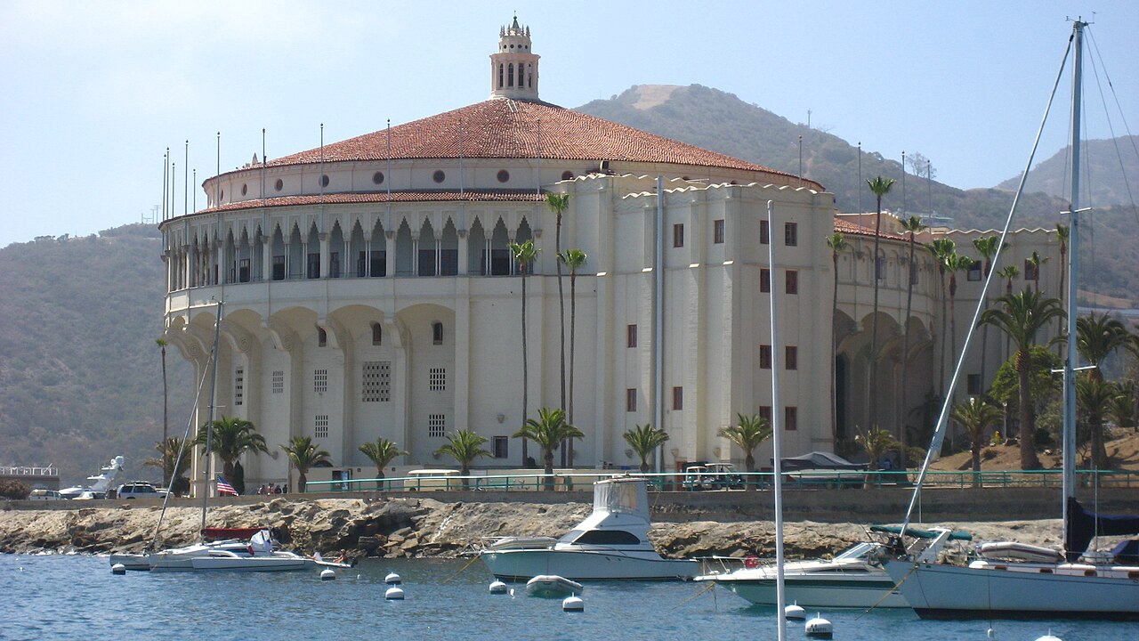 The Catalina Casino on Avalon Harbor with boats in the foreground.