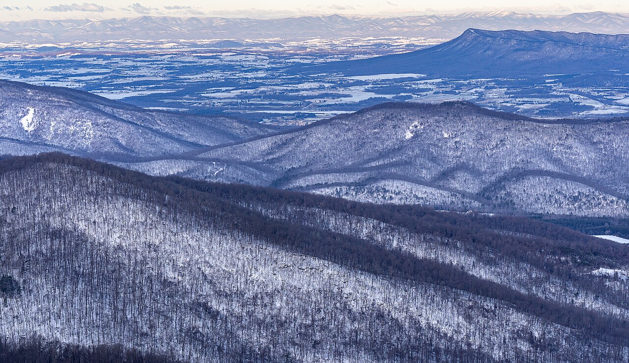 Snow-covered Massanutten Mountain ridges in Virginia.