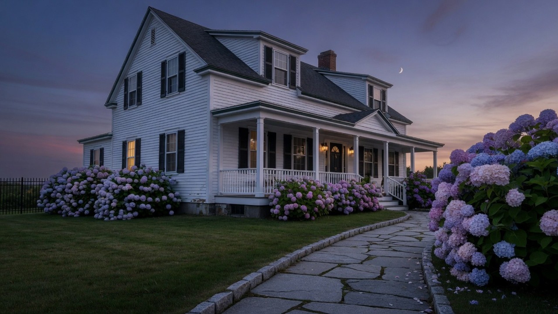 Stay house exterior at dusk, no faces