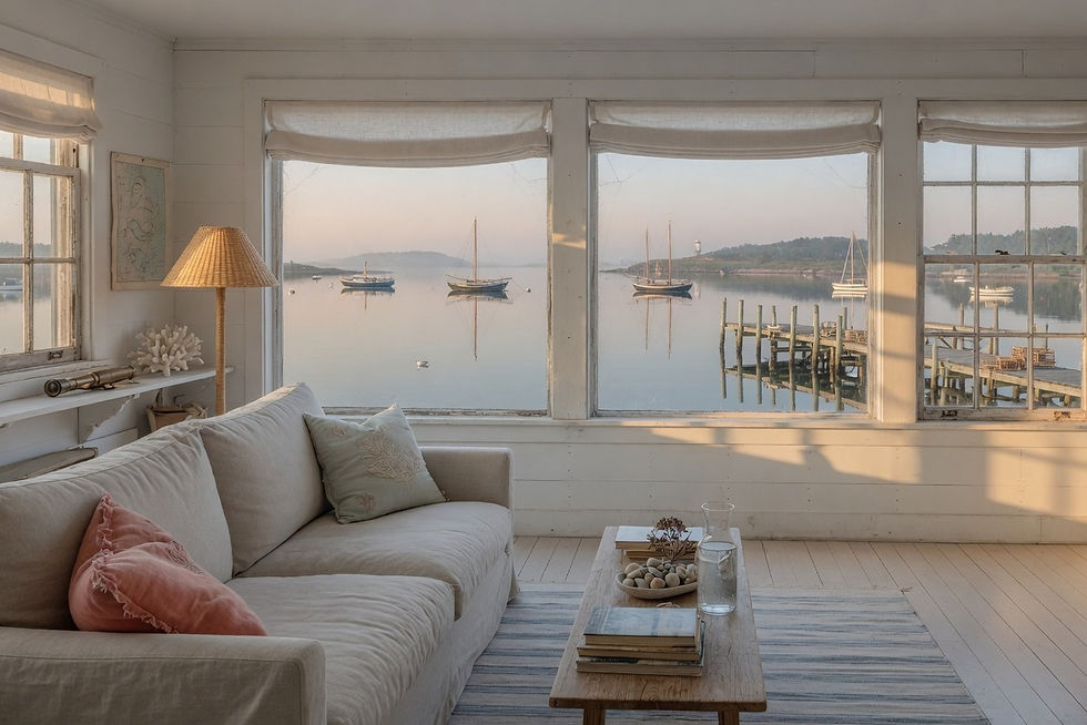 Empty coastal living room with harbor windows, lodging interior, no people
