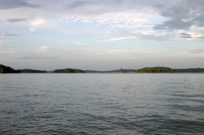 Open water and wooded coves on Lake Keowee, South Carolina.
